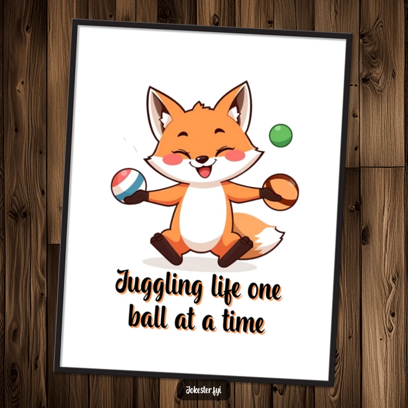 Funny Free Printable Wall Art: A mischievous fox with a wide grin confidently juggling three colorful balls, perfect for playful decor.