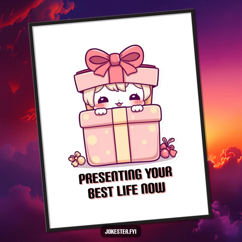 Funny Free Printable Wall Art: A quirky character peeking mischievously from behind a large, vibrant gift present.