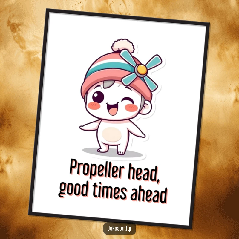 Funny Free Printable Wall Art of a silly character wearing a propeller beanie, captured mid-spin with pure delight and quirky energy.