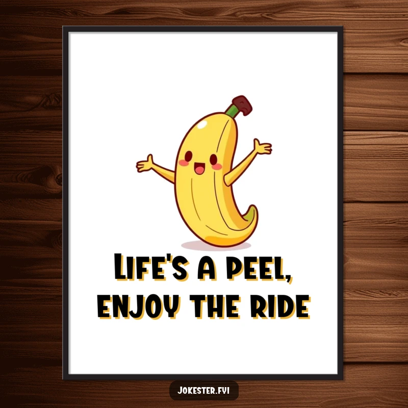 Funny Free Printable Wall Art: A silly banana character comically slipping on a tiny peel, arms flailing expressively, adding humor to your wall.