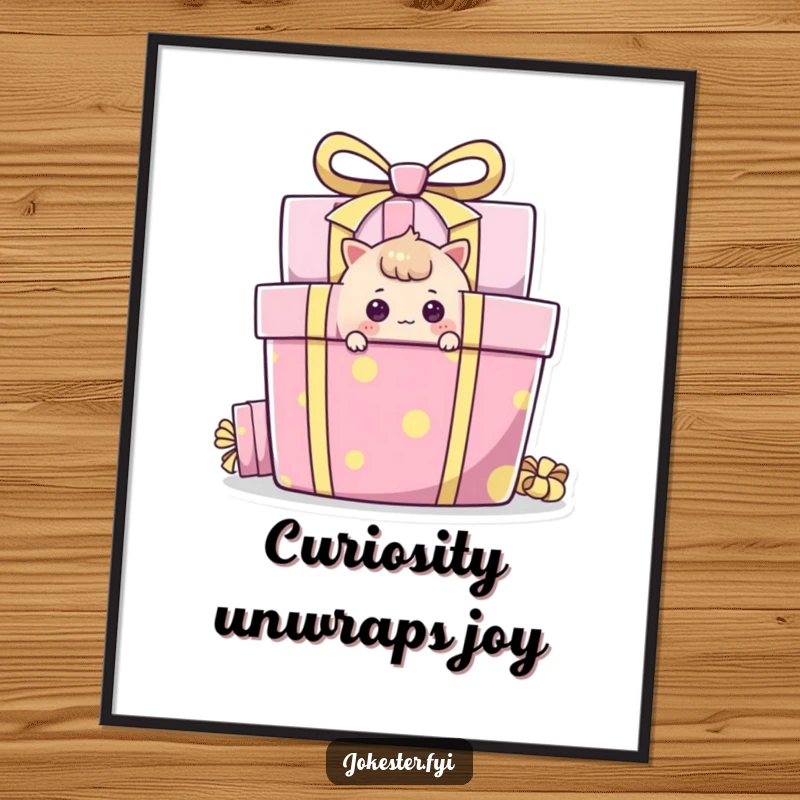 Funny Free Printable Wall Art featuring a curious character peeking around a large, colorful gift box, embodying playful anticipation.