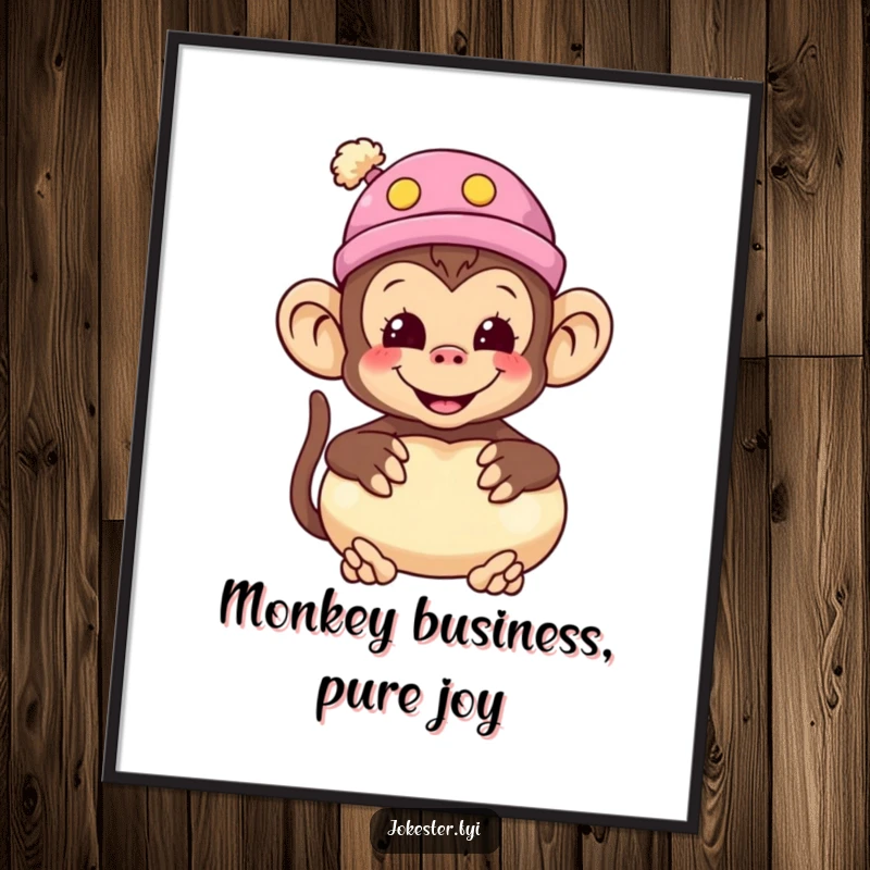 Funny Free Printable Wall Art: A smiling monkey wearing a silly hat holds a whoopee cushion, bringing playful humor to your decor.