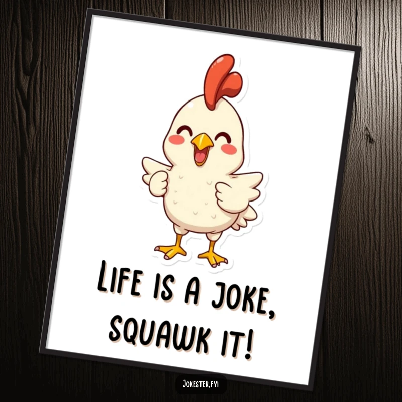 Funny Free Printable Wall Art: A cheerful character enthusiastically holds a rubber chicken, poised to unleash a comical squawk.