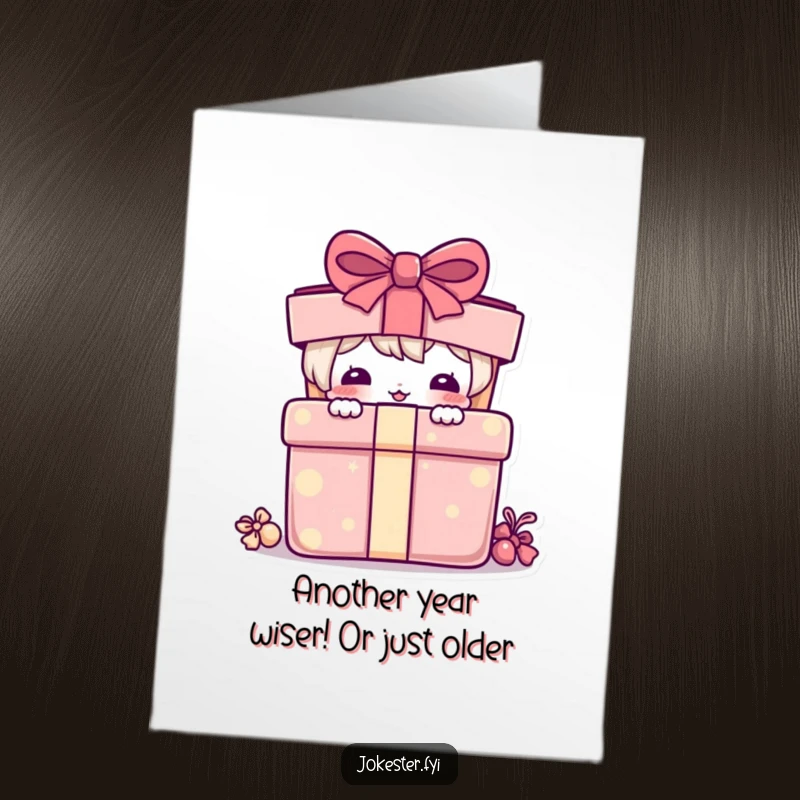 Funny Free Printable Birthday Card: Adorable character peeking from behind a giant gift box, ready to surprise!