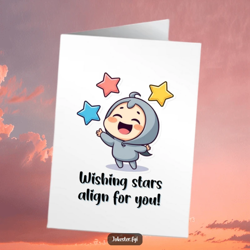 Funny Free Printable Birthday Card: A giggling character joyfully juggling three vibrant stars, spreading cosmic cheer.