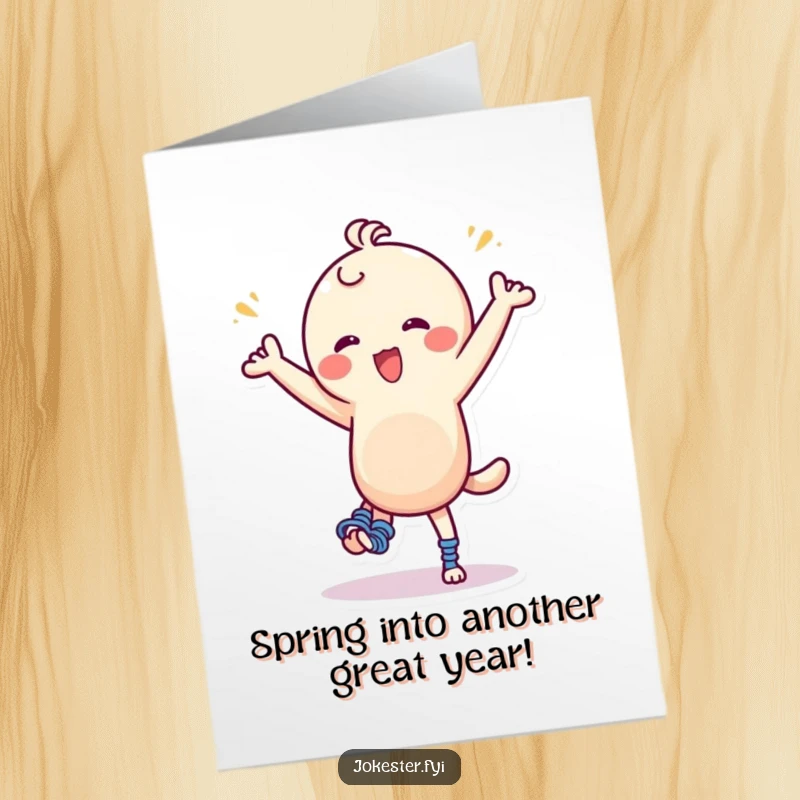 Funny Free Printable Birthday Card: Character with giant springs on feet doing a silly, energetic dance.