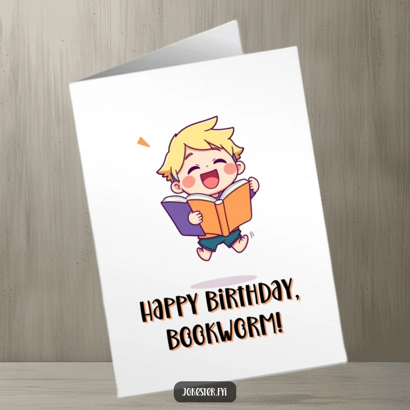 Funny Free Printable Birthday Card of a character joyfully leaping with a massive joke book, radiating happiness.