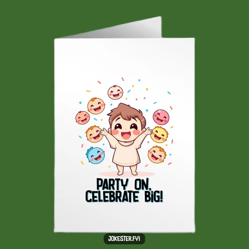 Free Printable Birthday Card: Juggling Faces Confetti Funny Downloadable Gift for a Joyful Celebration