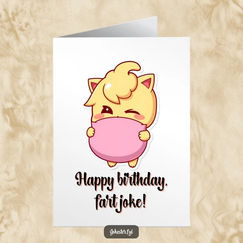 Funny Free Printable Birthday Card of a mischievous character winking, holding a classic whoopee cushion with a sly grin.