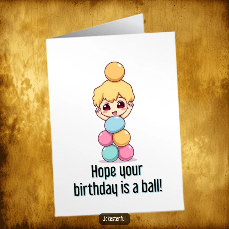 Funny Free Printable Birthday Card: A mischievous character precariously balancing a tall stack of colorful balls, creating a moment of suspense. Downloadable fun.