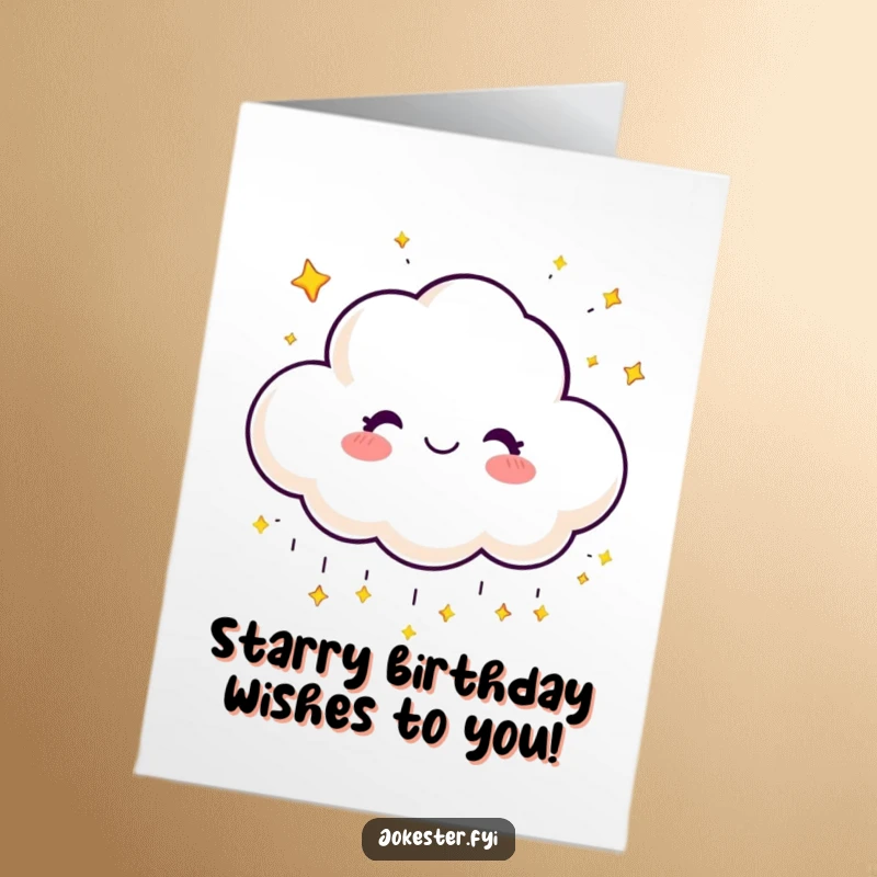 Funny Free Printable Birthday Card: A smiling cloud character raining down tiny, shimmering stars.