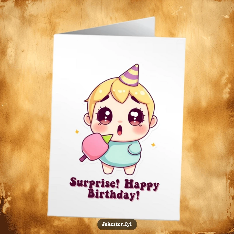 Funny Free Printable Birthday Card of a character with wide eyes, holding a recently popped party popper, confetti flying.