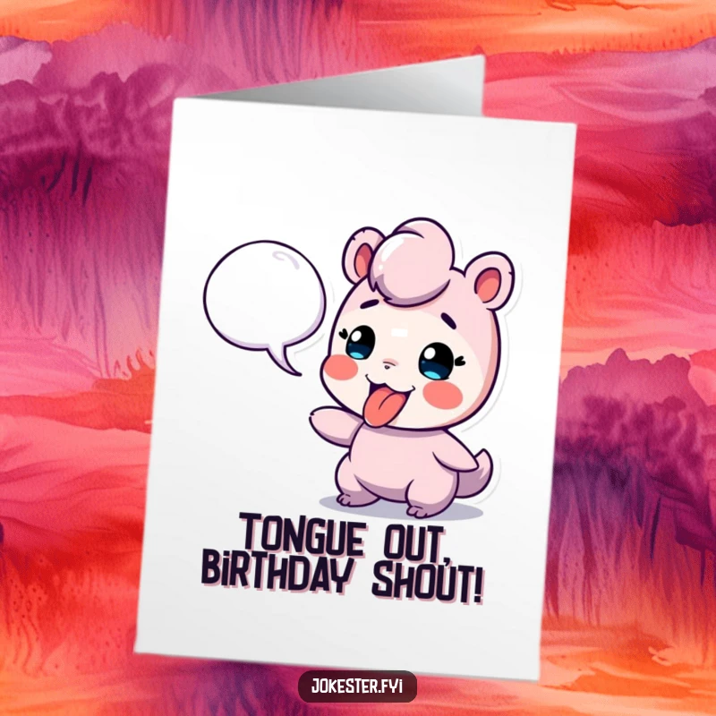 Funny Free Printable Birthday Card: A playful character sticks its tongue out cheekily at a floating speech bubble, celebrating a birthday with sass.