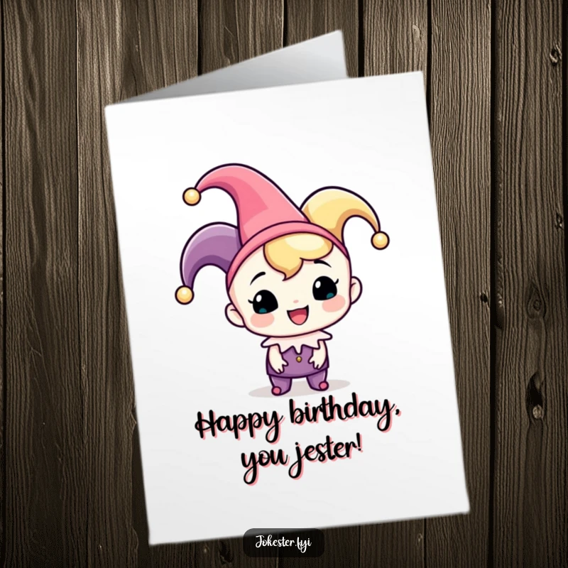 Funny Free Printable Birthday Card: A cheerful character in a jester hat playfully tipping it in celebration.