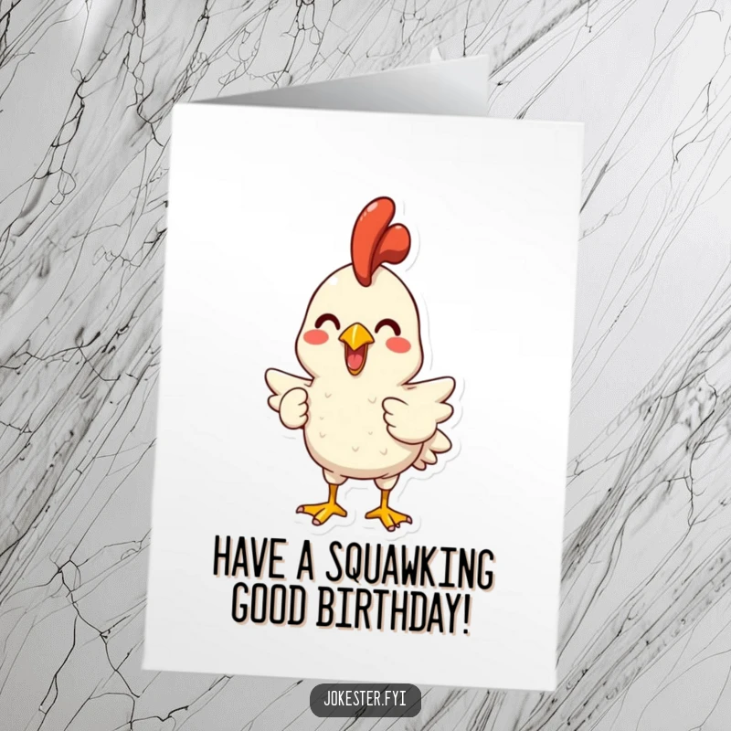 Funny Free Printable Birthday Card: Joyful character holds a rubber chicken high, ready to let out a comical squawk.