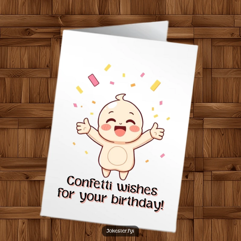 Funny Free Printable Birthday Card: A beaming character joyfully catching a shower of colorful confetti with arms wide open, celebrating bliss.