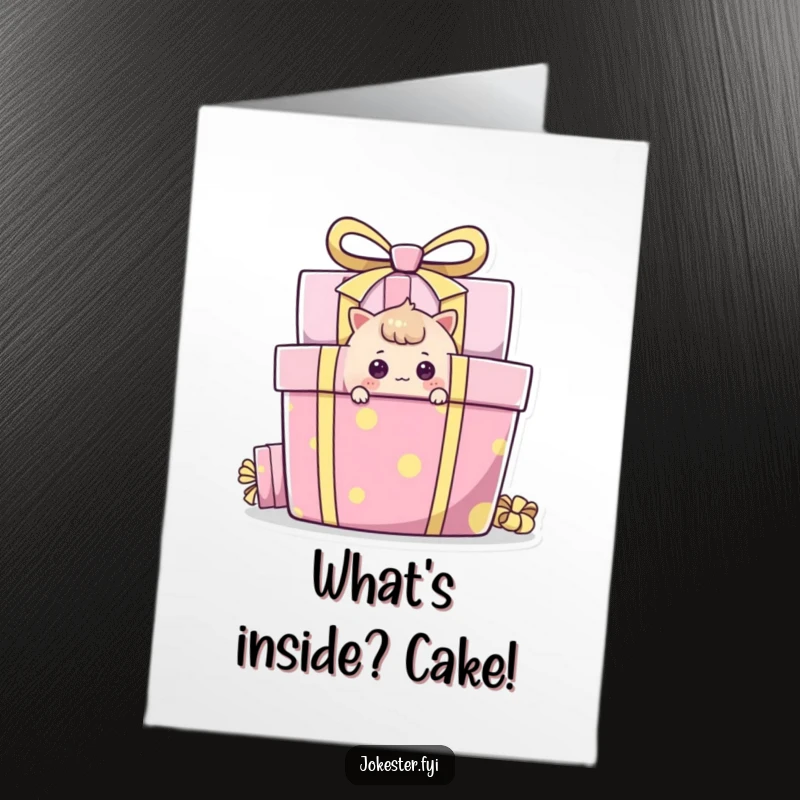 Funny Free Printable Birthday Card featuring a curious character peeking around a large, colorful gift box, hinting at surprises.
