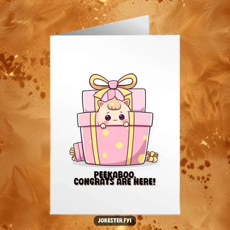 Free Printable Congratulations Card with a curious character peeking around a giant colorful gift box, celebrating a happy reveal.