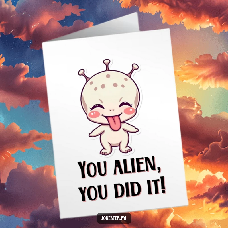 Funny Free Printable Congratulations Card: A happy alien sticking its tongue out while giggling with delight.