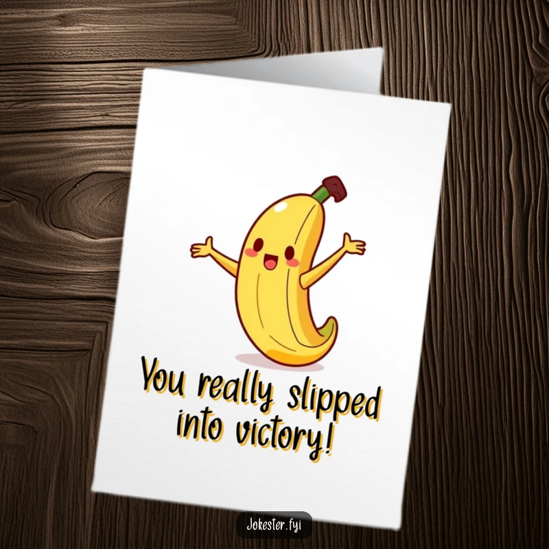 Funny Free Printable Congratulations Card: Silly banana character comically slipping on a small peel, arms everywhere, celebrating your success.