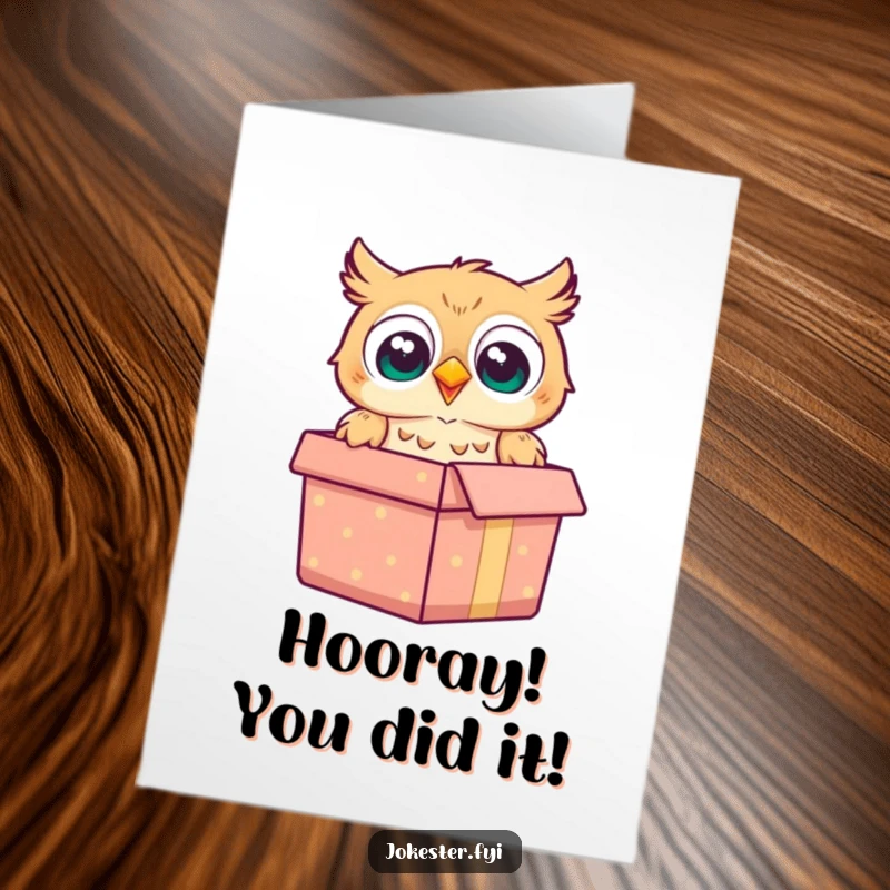 Funny Free Printable Congrats Card: A surprised owl peeks out of a gift box, celebrating your amazing accomplishments.