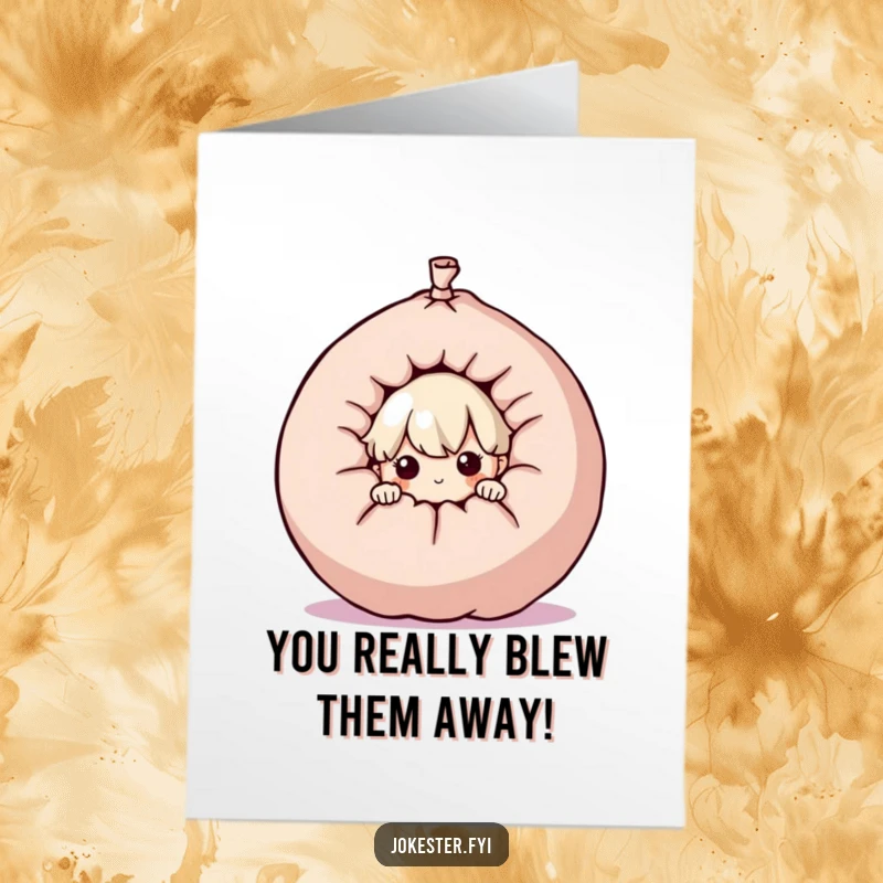 Funny Free Printable Congratulations Card: A curious character peeking from behind a giant whoopee cushion, hinting at playful celebrations. Downloadable silliness.