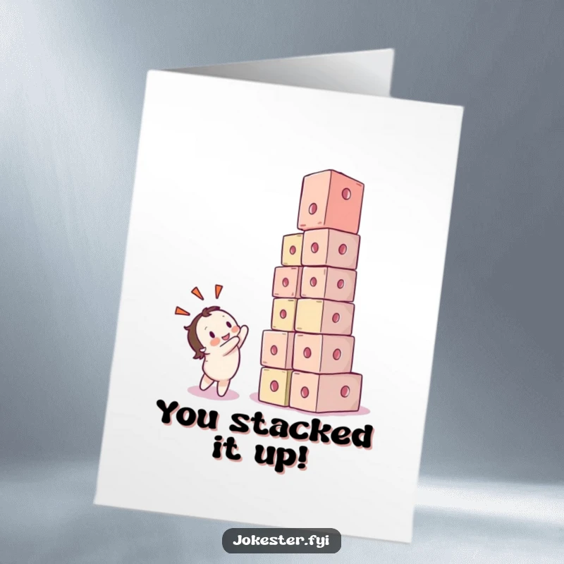 Funny Free Printable Congratulations Card: A character with wide eyes watches a precarious tower of cubes hilariously collapse.