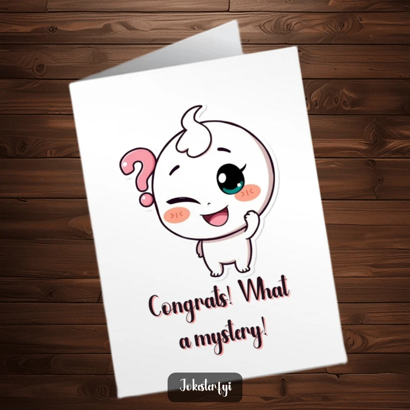 Funny Free Printable Congratulations Card: A smiling character with a mischievous glint tickles a hovering question mark, celebrating an achievement.