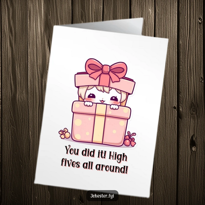 Funny Free Printable Congratulations Card: Cute character peeking from behind a huge present, celebrating your success!