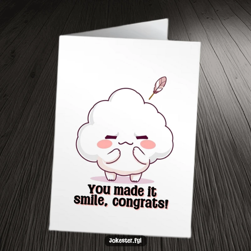 Funny Free Printable Congrats Card: Kawaii character tickling a grumpy cloud until it smiles with glee.