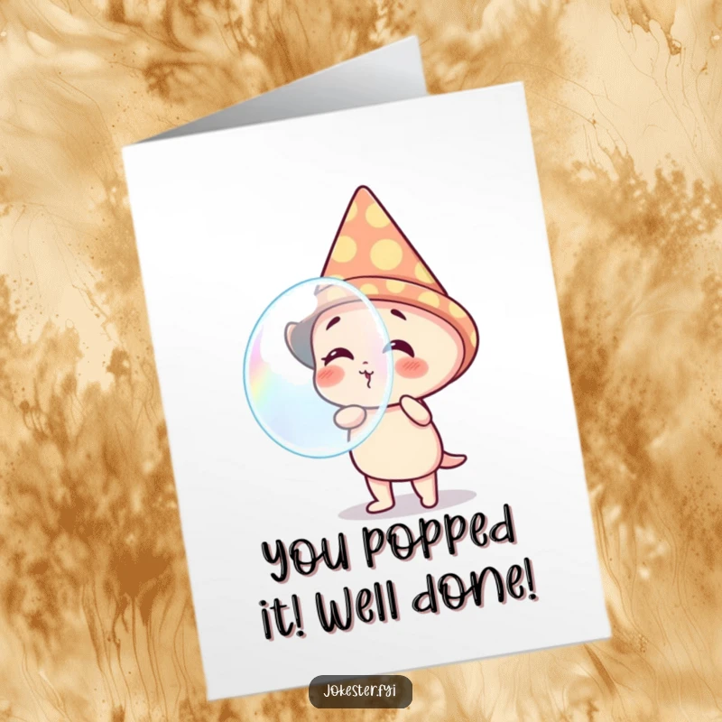 Funny Free Printable Congratulations Card: Giggling character in a cone hat, blowing a huge, iridescent bubble with delight.