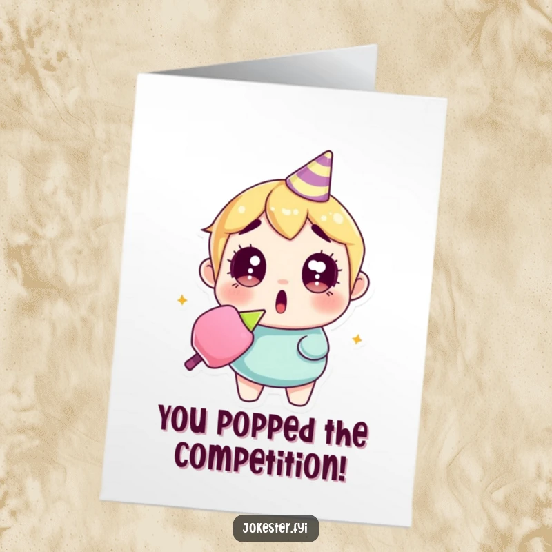Funny Free Printable Congratulations Card showing a surprised character holding a spent party popper, amidst scattered confetti.