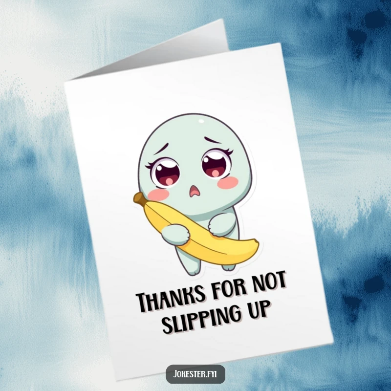 Funny Free Printable Thank You Card: A character with wide, surprised eyes clutches a banana peel after a comical slip, offering thanks.