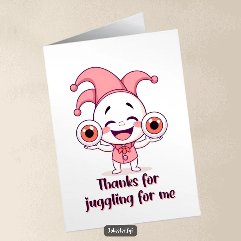 Funny Free Printable Thank You Card: A jester character with a hat is joyfully juggling three oversized, wobbly eyeballs to express sincere thanks.