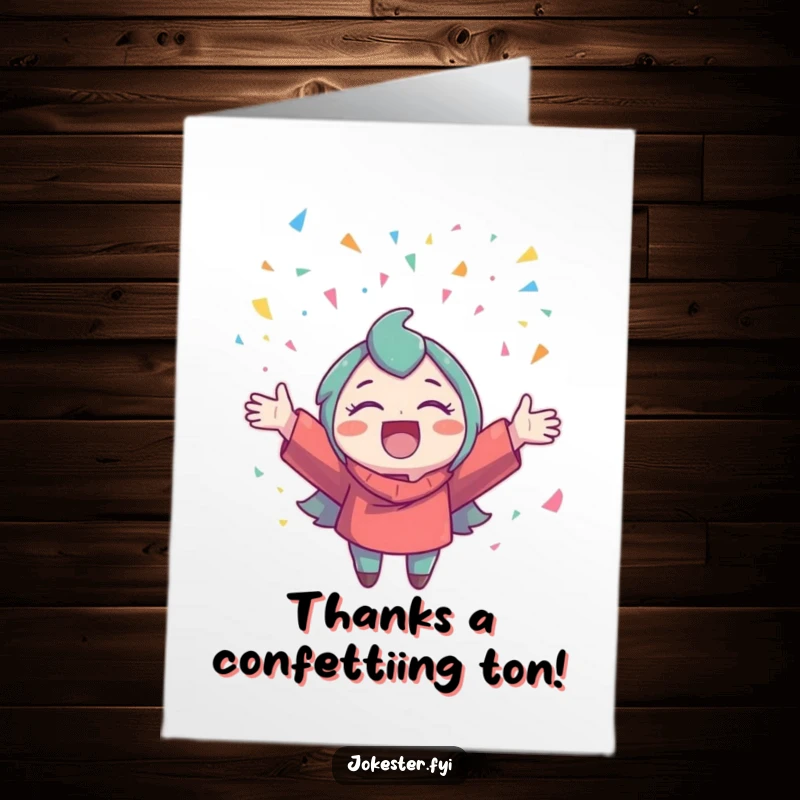Funny Free Printable Thank You Card: A joyful character showering confetti with glee to express heartfelt appreciation.
