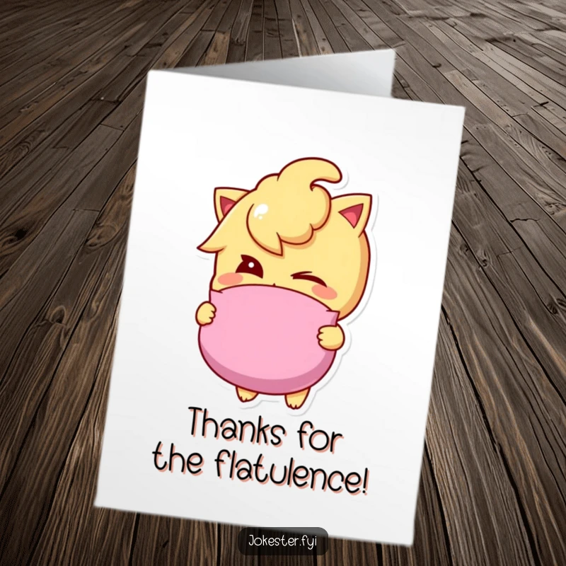 Funny Free Printable Thank You Card featuring a mischievous character winking, holding a whoopee cushion with a cheeky attitude.