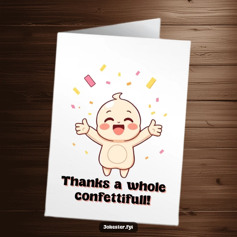 Funny Free Printable Thank You Card: A happy character with arms outstretched, gleefully catching falling confetti, signifying heartfelt thanks.