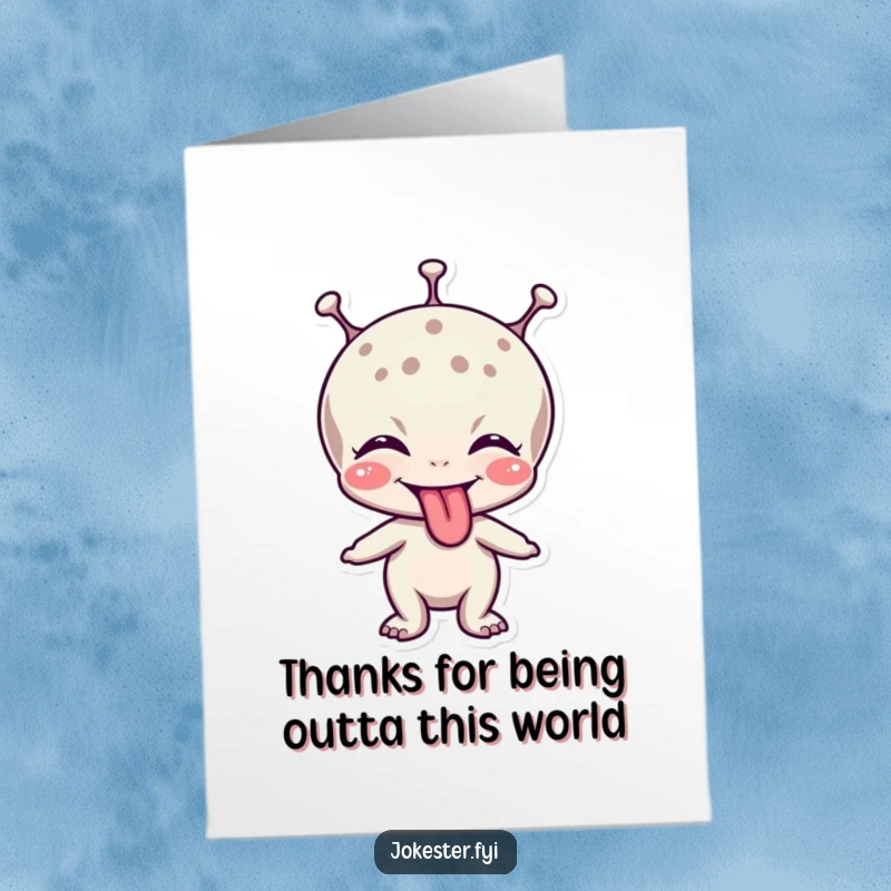 Funny Free Printable Thank You Card: A mischievous alien character playfully sticks out its tongue and giggles.