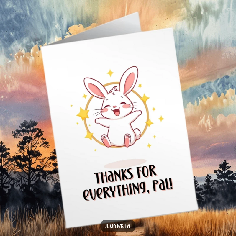 Funny Free Printable Thank You Card: A giggling rabbit jumps through a hoop of sparkling stars, expressing thanks with playful magic.