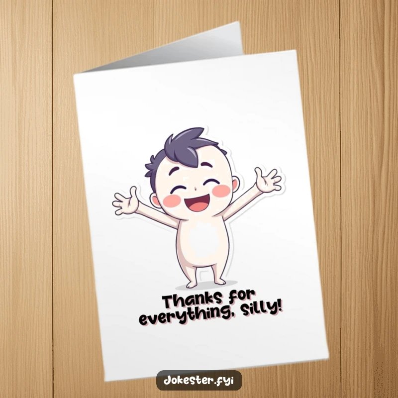Funny Free Printable Thank You Card of a joyful character in a silly pose with exaggerated limbs, enthusiastically saying thanks.
