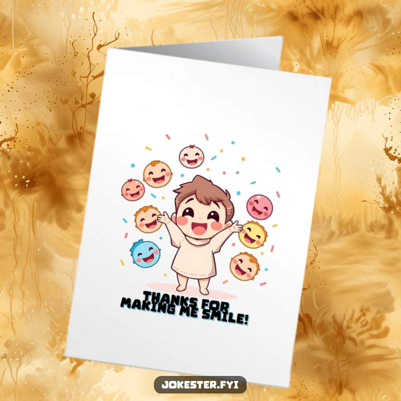 Funny Free Printable Thank You Card: A happy character throws confetti while juggling laughing faces, conveying thanks with vibrant joy.