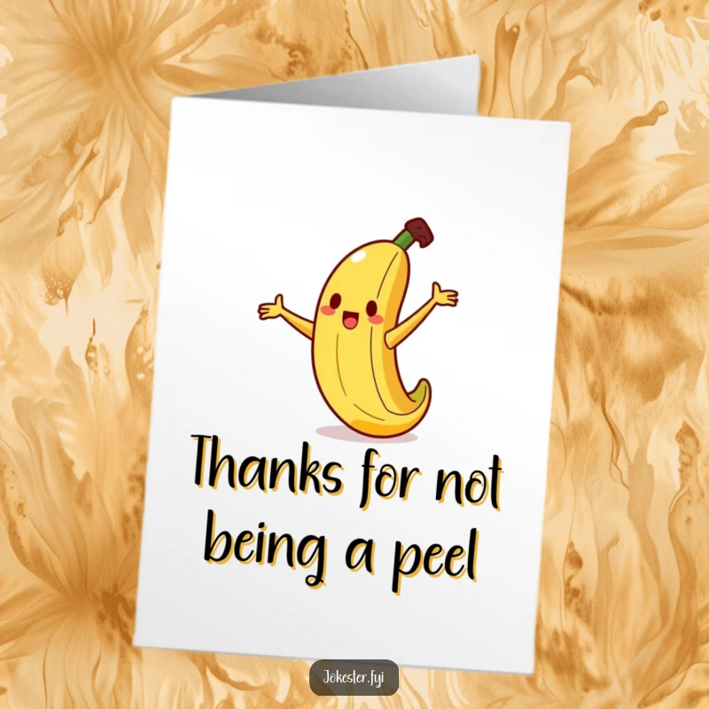 Funny Free Printable Thank You Card: Comical banana character mid-slip on a tiny peel, flailing arms, with a heartfelt thank you sentiment.