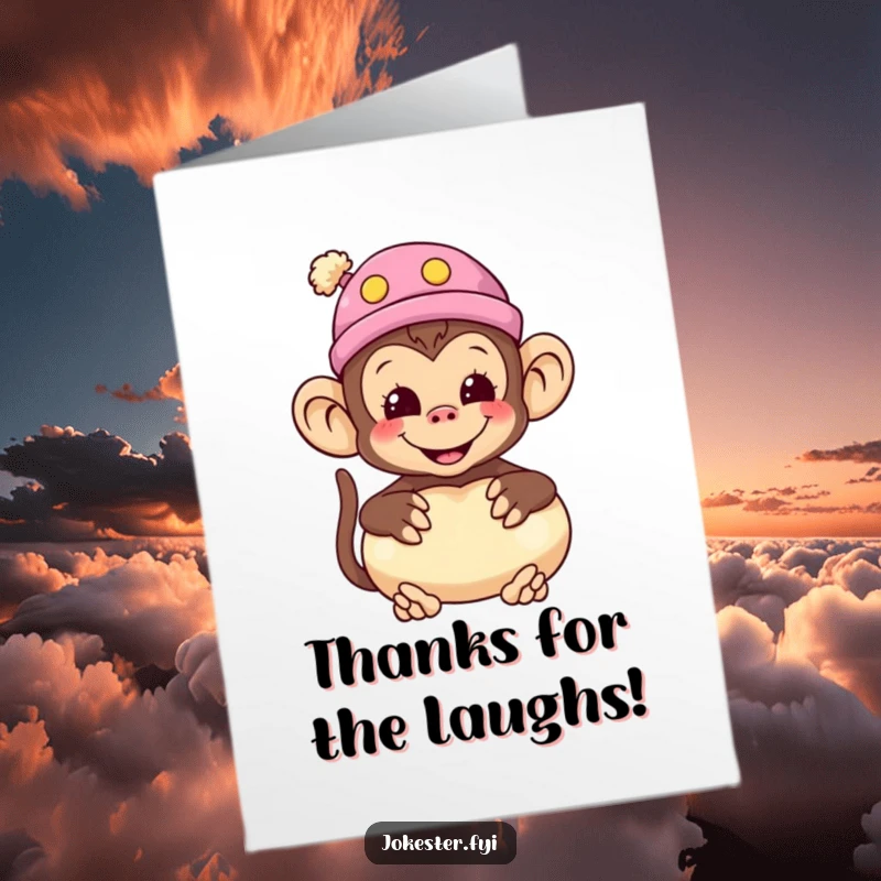 Funny Free Printable Thank You Card: A smiling monkey in a silly hat holds a whoopee cushion, offering a humorous thank you.