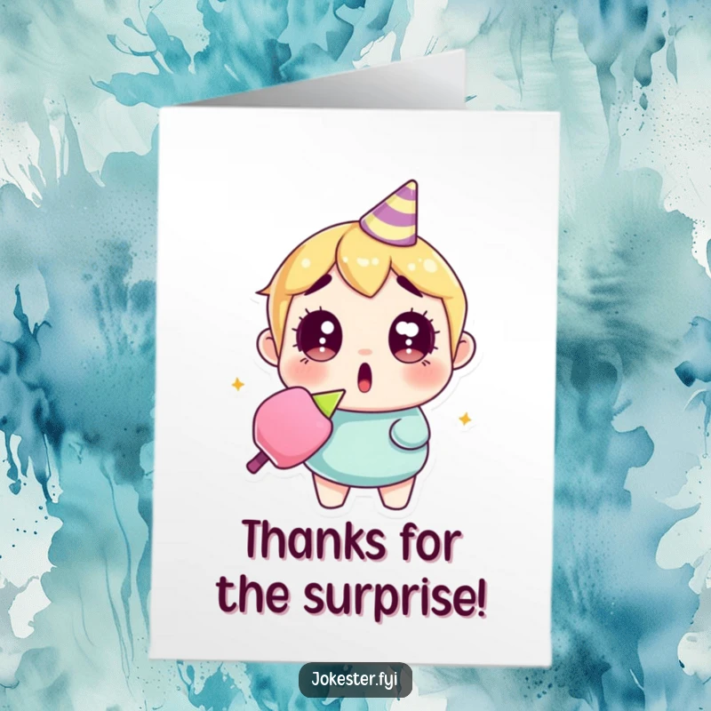 Funny Free Printable Thank You Card of a character looking surprised, holding a used party popper with confetti around.
