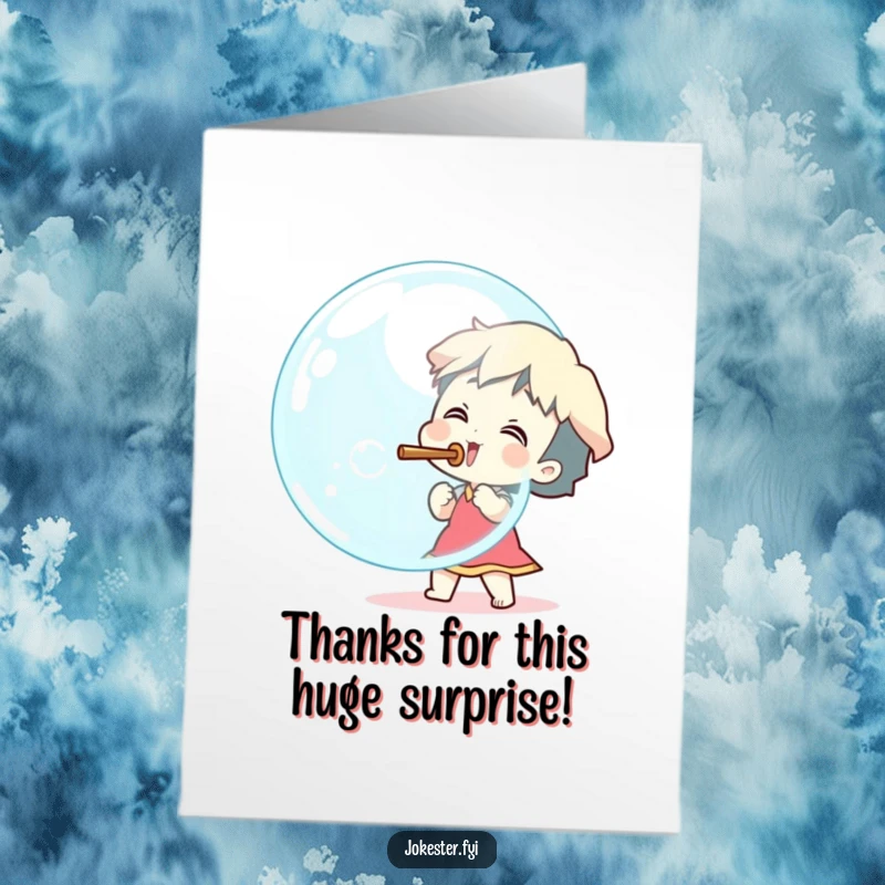 Funny Free Printable Thank You Card: An excited character blowing a comical, oversized bubble to express heartfelt appreciation. Downloadable and delightfully silly.