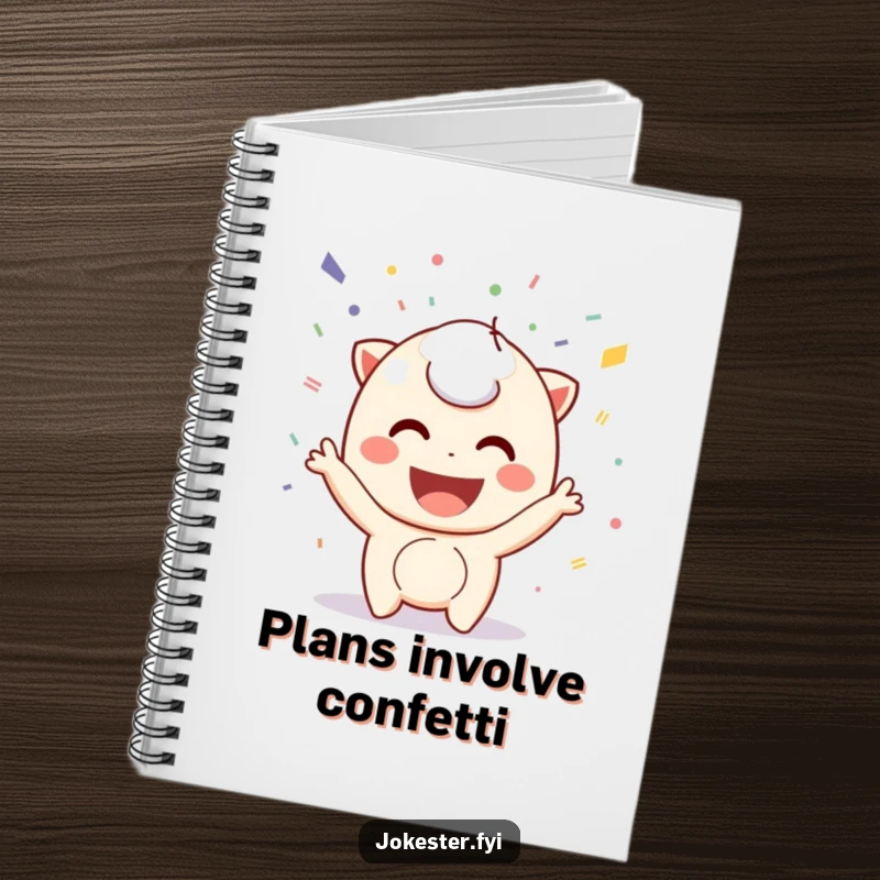 Funny confetti notebook, a playful character smiling and throwing colorful confetti, ideal for jotting down party ideas.