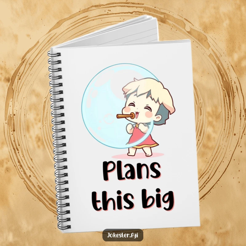 Funny excited character blowing a huge bubble with a stick, spiral notebook, journal, cartoon art, creative writing gift, funny gift.