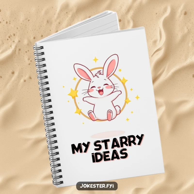 Funny notebook featuring a giggling rabbit jumping through a hoop of sparkling stars, ideal for writing.