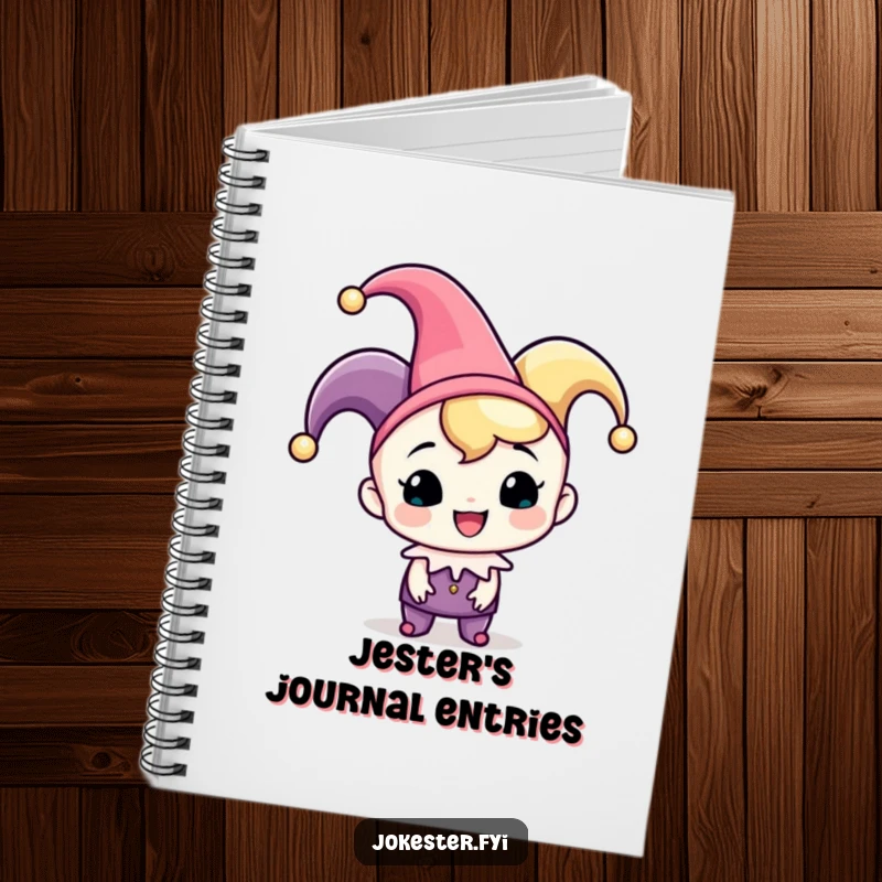Funny jester notebook, a cheerful character wearing a jester hat playfully tipping it, ideal for writing witty thoughts.