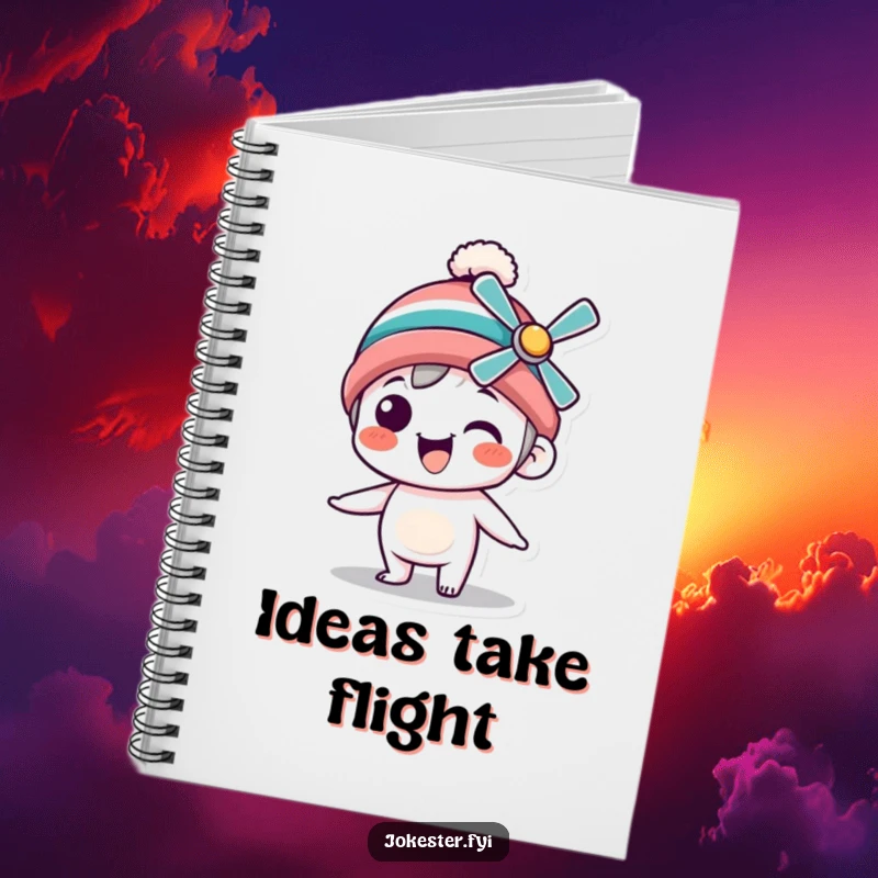 Funny Notebook with a silly character wearing a propeller beanie, happily spinning, perfect for jotting down ideas with joyful inspiration.